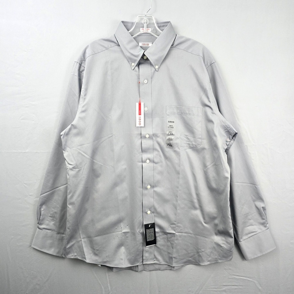 Izod Button Down Collared Long Sleeve Men Shirt‎ Gray Slim Fit 17 34/35 New